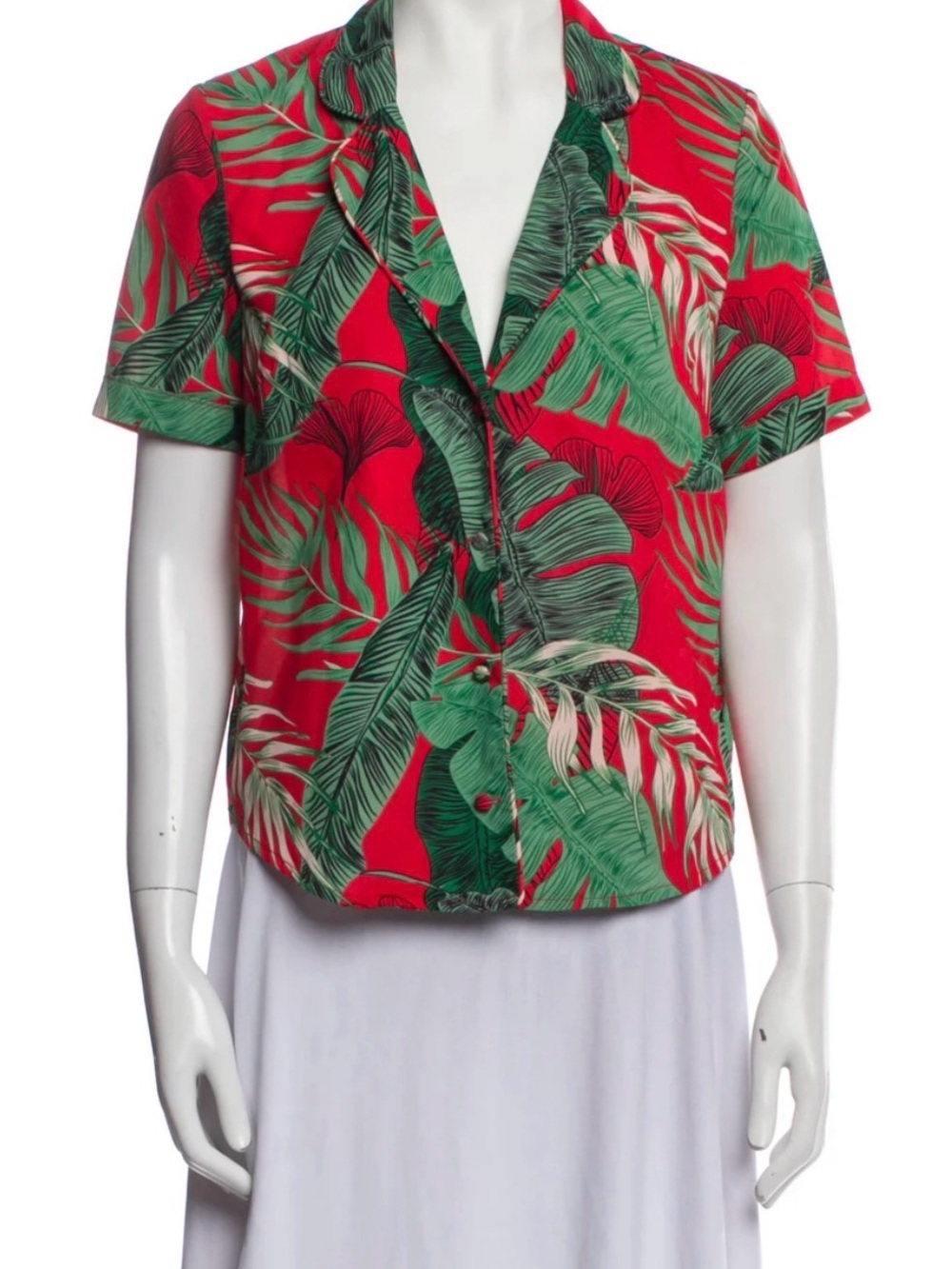 RtA Tropical Leaf Print Short Sleeve Blouse - Red & Green
